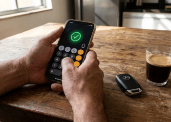 Mãos calculando economia no celular, com chave do carro e café na mesa