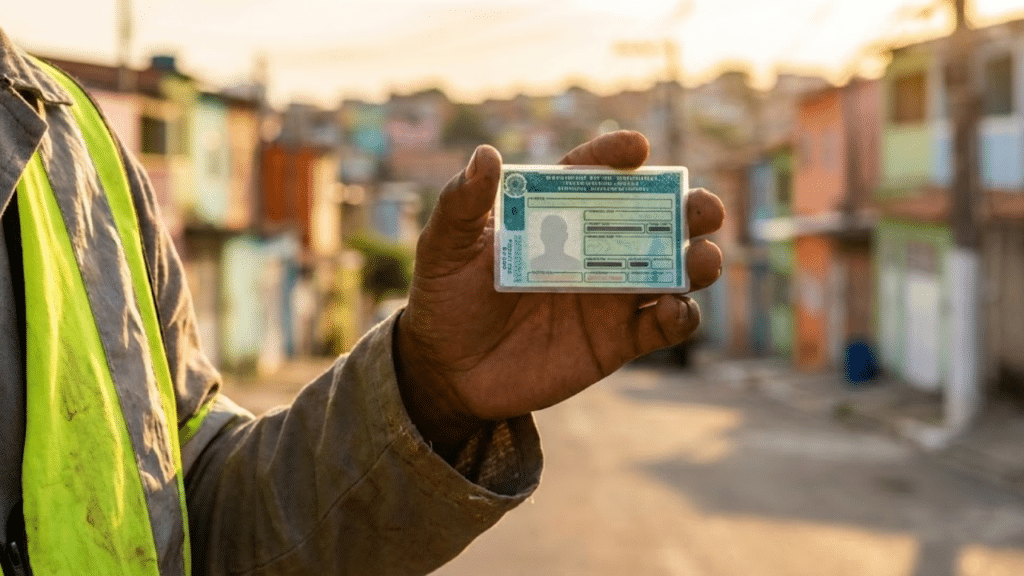 Mão de trabalhador erguendo a CNH nova contra o sol em uma rua brasileira colorida