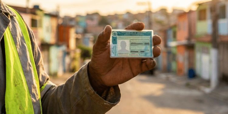 Mão de trabalhador erguendo a CNH nova contra o sol em uma rua brasileira colorida