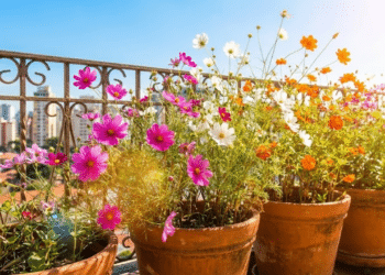 Varanda ensolarada explodindo com flores Cosmos coloridas em vasos rústicos