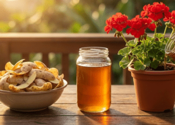 Mão despejando 'ouro líquido' feito de cascas de batata em um vaso com gerânios vermelhos floridos