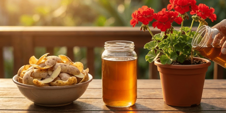 Mão despejando 'ouro líquido' feito de cascas de batata em um vaso com gerânios vermelhos floridos