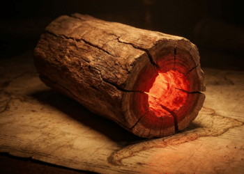 Pedaço de madeira Pau-Brasil brilhando em vermelho brasa sobre um mapa antigo