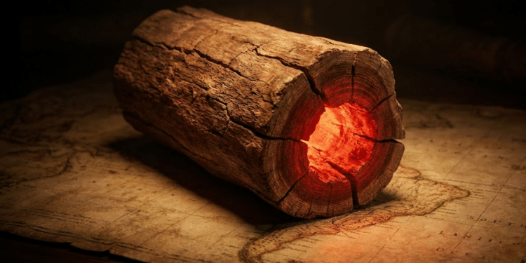 Pedaço de madeira Pau-Brasil brilhando em vermelho brasa sobre um mapa antigo
