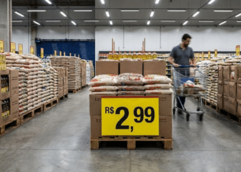 Interior de supermercado galpão com produtos em pallets, chão de cimento e etiqueta de preço baixo