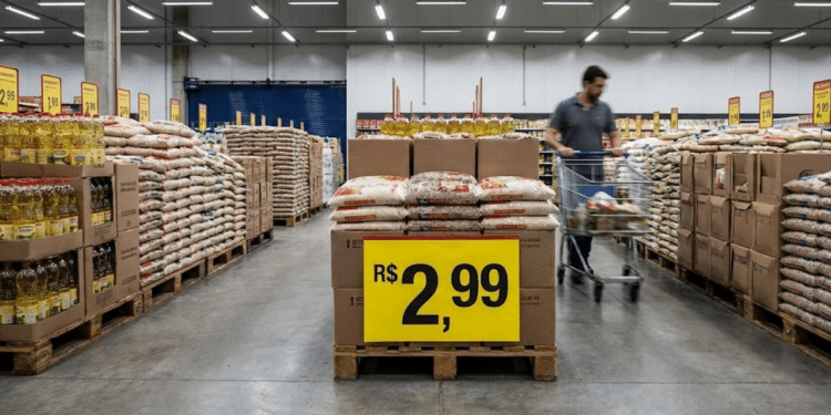 Interior de supermercado galpão com produtos em pallets, chão de cimento e etiqueta de preço baixo