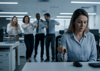 Funcionária com deficiência isolada em primeiro plano, com colegas rindo e imitando ao fundo desfocado