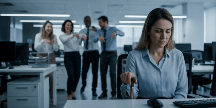 Funcionária com deficiência isolada em primeiro plano, com colegas rindo e imitando ao fundo desfocado