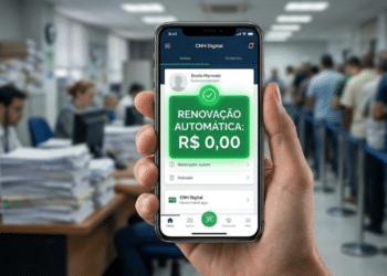 Smartphone em primeiro plano mostrando 'Renovação Grátis', com fundo desfocado de uma repartição pública caótica