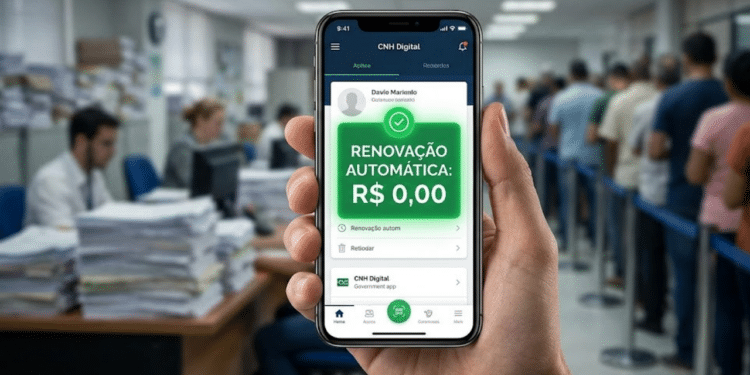 Smartphone em primeiro plano mostrando 'Renovação Grátis', com fundo desfocado de uma repartição pública caótica