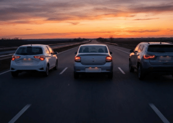 Três carros (Hatch, Sedan e SUV) dirigindo para o pôr do sol na estrada, vistos de trás