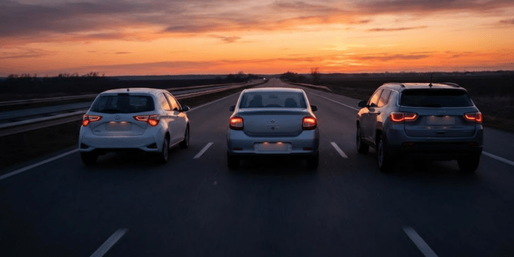 Três carros (Hatch, Sedan e SUV) dirigindo para o pôr do sol na estrada, vistos de trás