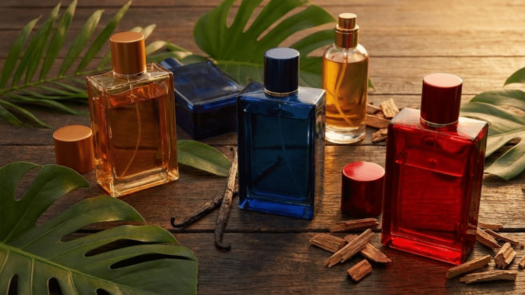 Arranjo luxuoso de frascos de perfume sobre madeira escura, decorado com folhas tropicais e ingredientes naturais sob luz dourada