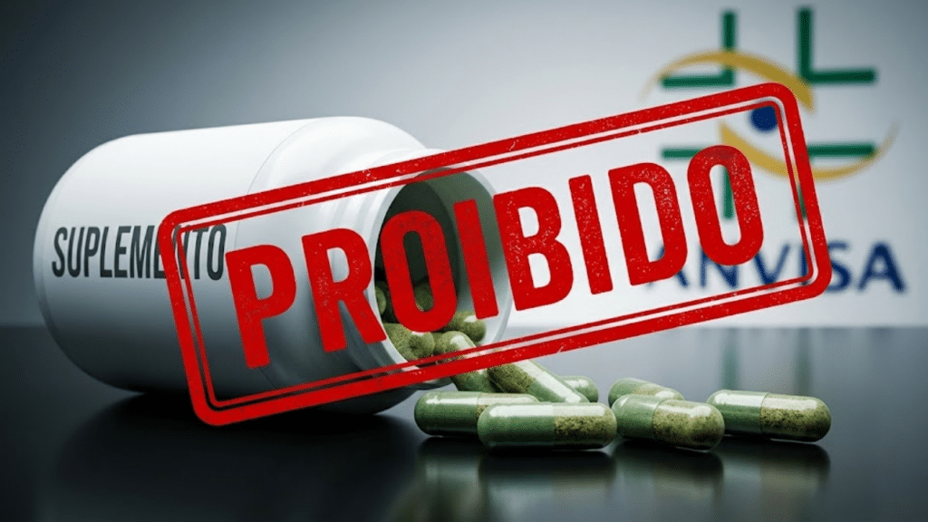 Frasco de suplemento derramando cápsulas verdes na mesa com um carimbo vermelho de 'PROIBIDO' por cima