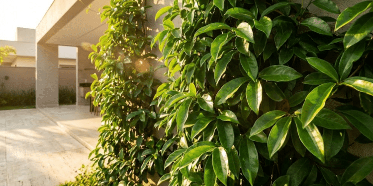 Folhagem densa de ora-pro-nóbis em muro moderno sob sol dourado