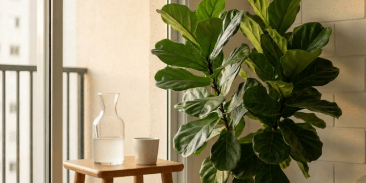 Planta exuberante em sala moderna com solução de leite sob luz suave.