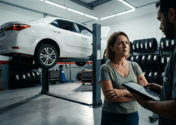 Cliente confronta orçamento em oficina sob iluminação dramática