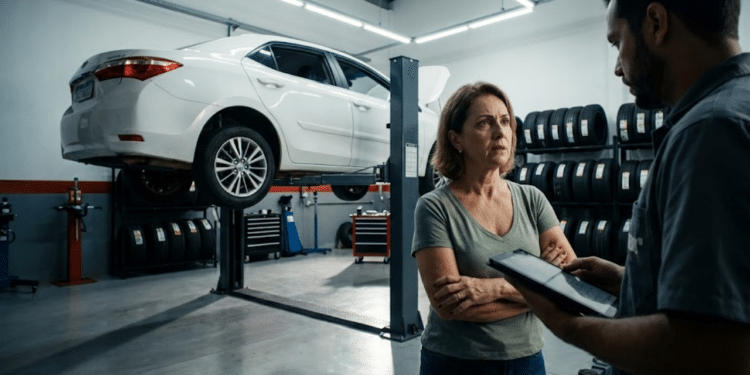 Cliente confronta orçamento em oficina sob iluminação dramática