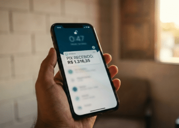Celular exibindo notificação de Pix recebido em ambiente doméstico