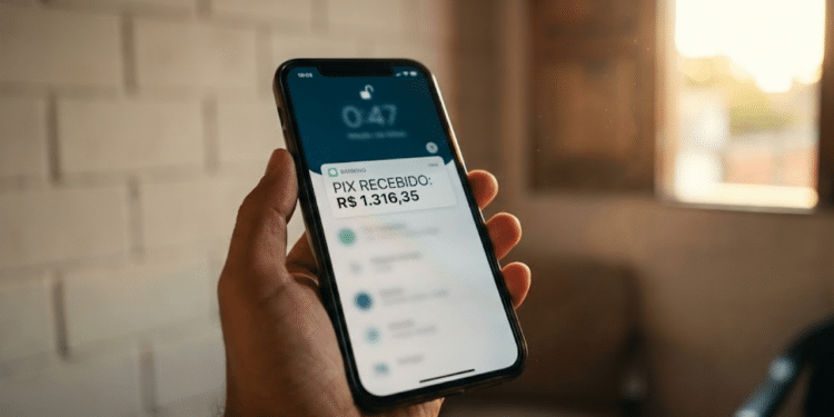 Celular exibindo notificação de Pix recebido em ambiente doméstico