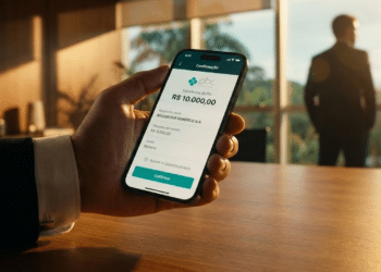 Celular confirmando Pix de R$ 10 mil sob luz dourada de escritório