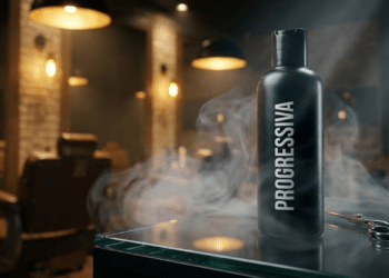 Frasco de progressiva em salão sofisticado sob luz dramática e névoa