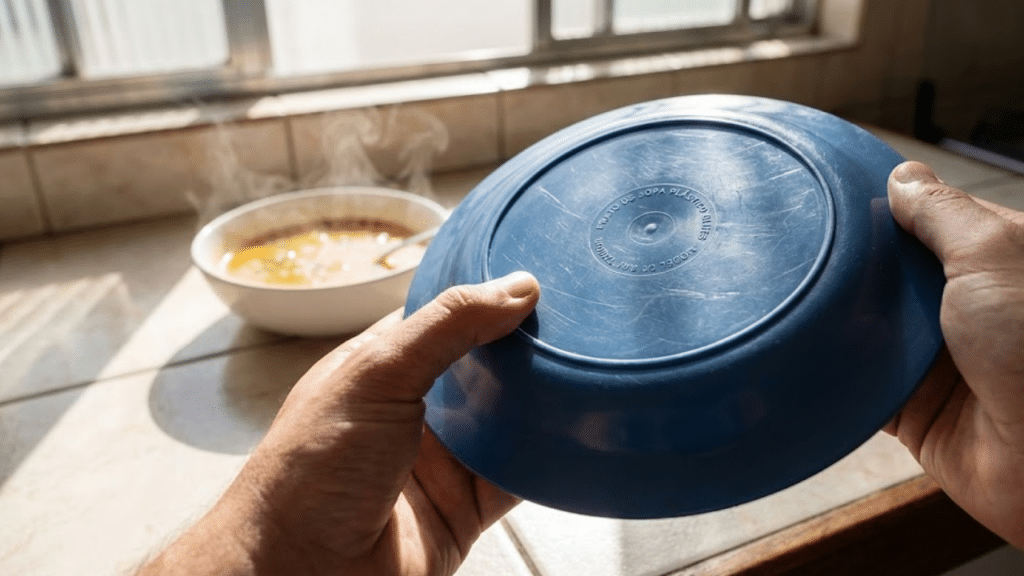 Mão inspecionando fundo de prato plástico sob luz solar forte