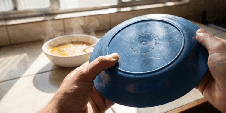 Mão inspecionando fundo de prato plástico sob luz solar forte