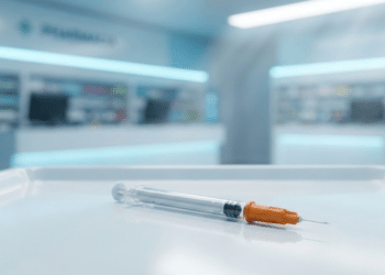 Seringa de insulina em bandeja médica com luz clínica e profissional