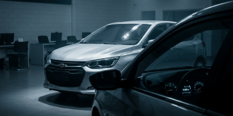 Chevrolet Onix em concessionária sob luz dramática e misteriosa