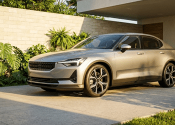 Carro elétrico moderno em garagem brasileira sob luz solar dourada