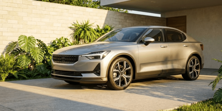 Carro elétrico moderno em garagem brasileira sob luz solar dourada