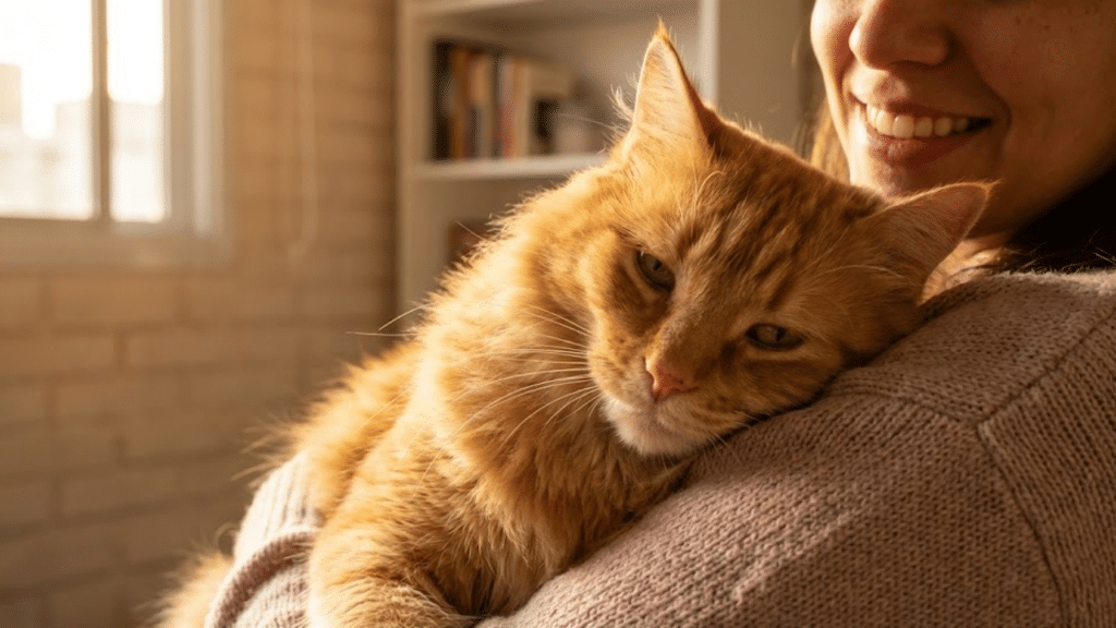 Gato ruivo carinhoso no colo do dono sob luz solar dourada