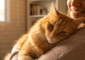 Gato ruivo carinhoso no colo do dono sob luz solar dourada