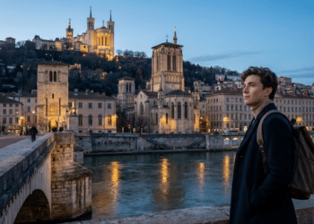 Vista clássica de Lyon ao entardecer com jovem observando a cidade