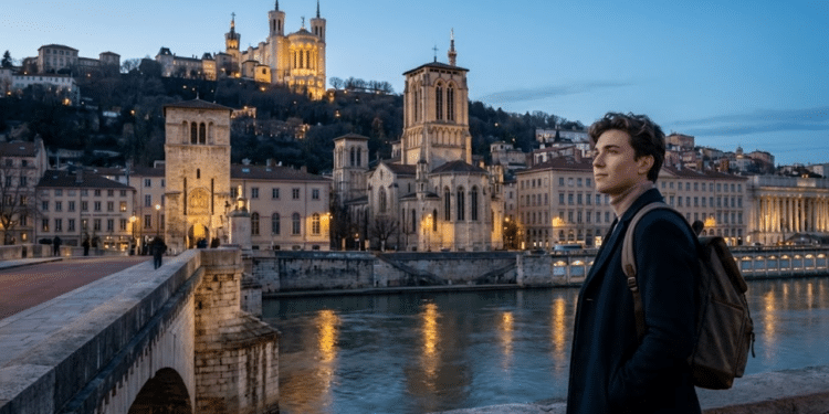 Vista clássica de Lyon ao entardecer com jovem observando a cidade