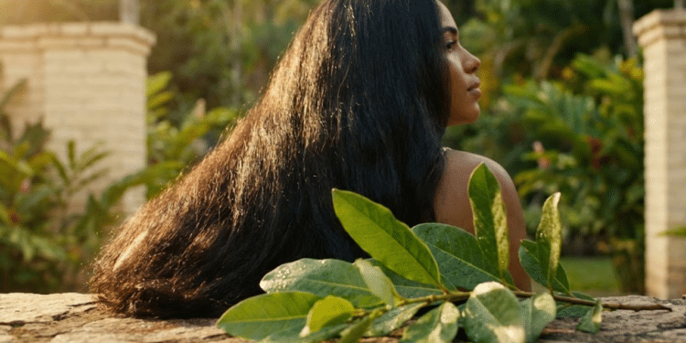 Cabelo deslumbrante sob luz solar e folhas de jaborandi em destaque