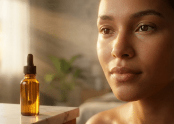 Pele radiante e frasco de óleo sob a luz dourada do entardecer