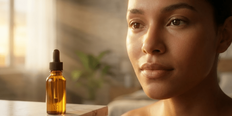 Pele radiante e frasco de óleo sob a luz dourada do entardecer