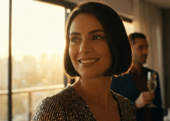 Mulher com corte bob francês sorrindo em festa de fim de ano ao pôr do sol