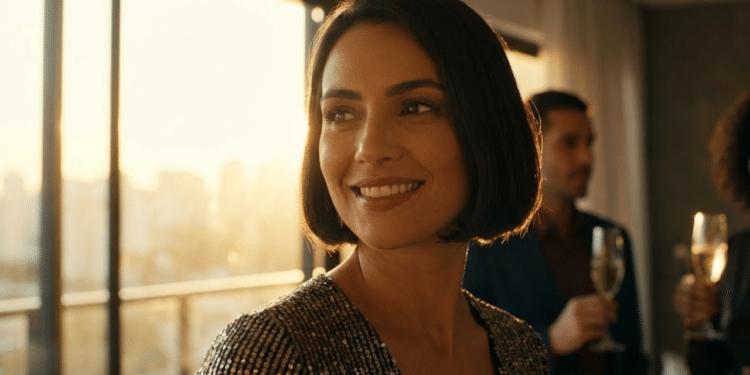 Mulher com corte bob francês sorrindo em festa de fim de ano ao pôr do sol