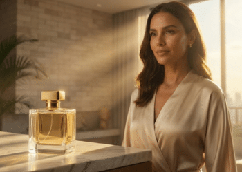 Mulher elegante e perfume de luxo sob a luz dourada do pôr do sol