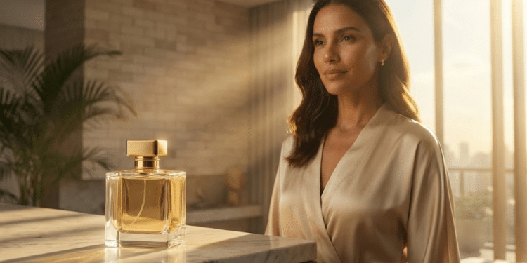 Mulher elegante e perfume de luxo sob a luz dourada do pôr do sol
