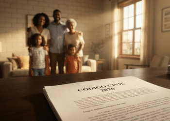 Documento do Código Civil em destaque com família ao fundo sob luz dourada