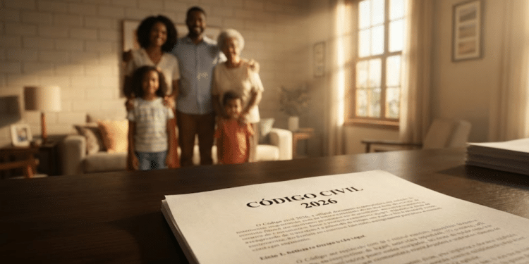 Documento do Código Civil em destaque com família ao fundo sob luz dourada
