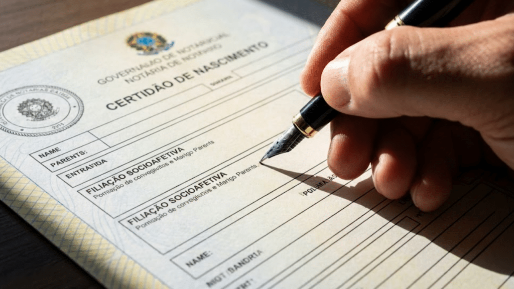 Close de assinatura em certidão com termo de filiação socioafetiva