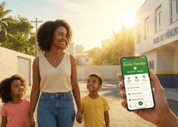 Família brasileira indo à escola com benefício regularizado sob luz dourada