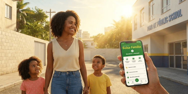 Família brasileira indo à escola com benefício regularizado sob luz dourada