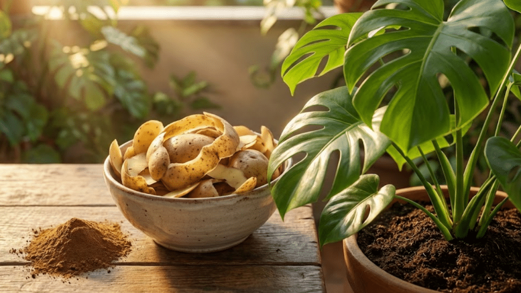 Uma tigela com cascas de batata e pó de adubo ao lado de uma planta Monstera vibrante sob a luz dourada do sol