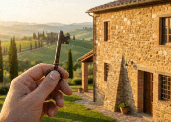 Uma mão segurando uma chave de ferro antiga com uma casa de pedra toscana e colinas verdes ao fundo sob a luz dourada